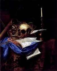 Vanitas-Stilleben mit einem Notenbuch, einer ungestürtzten Silberkanne und einem Totenkopf by Cornelis Norbertus Gijsbrechts