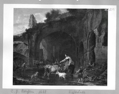 Viehtränke bei einer Ruine mit Staffage