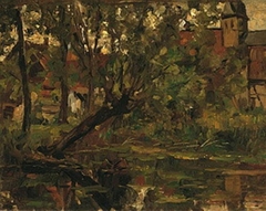 Willow suspended over the water before farm building and church tower by Piet Mondrian