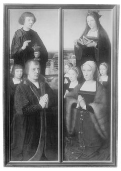 Wings of a polyptych with donors -Man with son and Saint, Woman with daughters and Saint (burned)